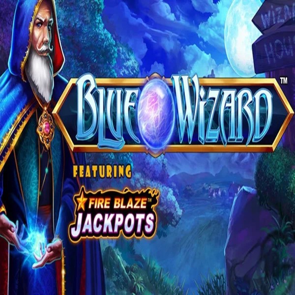 Blue Wizard Fire Blaze Jackpots logo by Rarestone Gaming Billybets Casino
